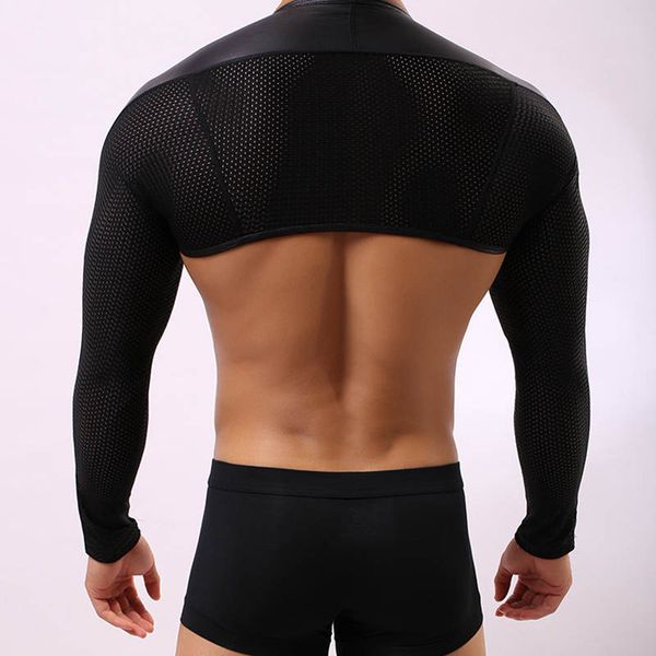 

undershirts mens arm sleeves shrug undershirt black faux leather long sleeve snug-fitting males underwear muscle slim tight, Black;brown