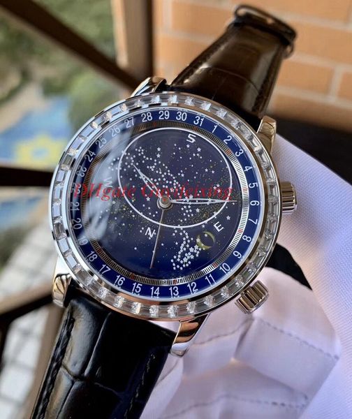 Neueste Version Männer Armbanduhren 6102 6104 Sky Moon Phase Automatische Bewegung Ledermenge Herren Hintergrund transparent Uhr Diamond Uhren