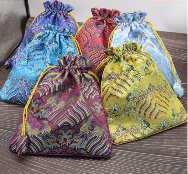 Seawater Luxo Extra Grande Silk Brocade bolsa do presente da festa de aniversário do Natal Bolsas de casamento Favor Bags Chinese cordão Tecido Embalagem Bag