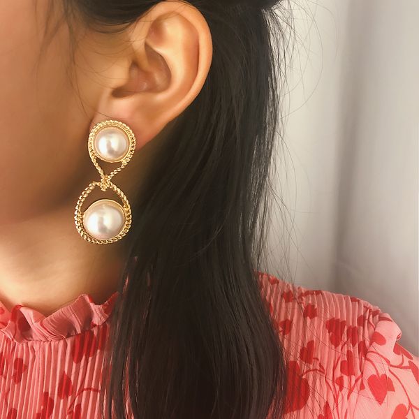 

5pairs retro simplicity temperament double faux pearl drop earrings geometric literary figure 8 round ear studs fashion jewelry, Golden