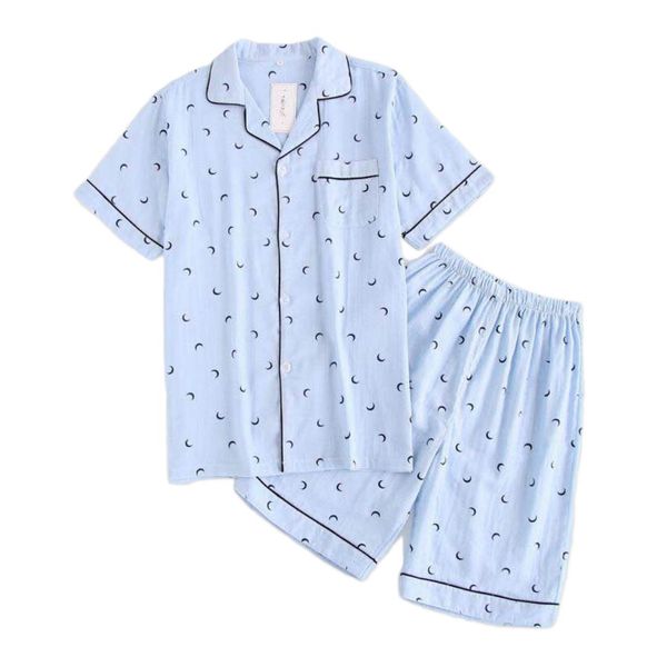 

couples simple moon blue pajamas sets men short pijama hombre summer 100% gauze cotton short sleeves pyjamas korean pyjama homme, Black;brown