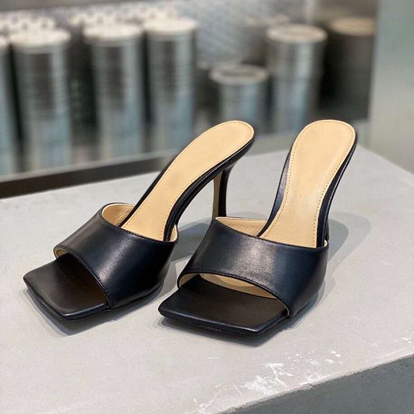 

high heels sandals women shoes genuine leather square toe mules slides peep toe high heel slippers s40, Black