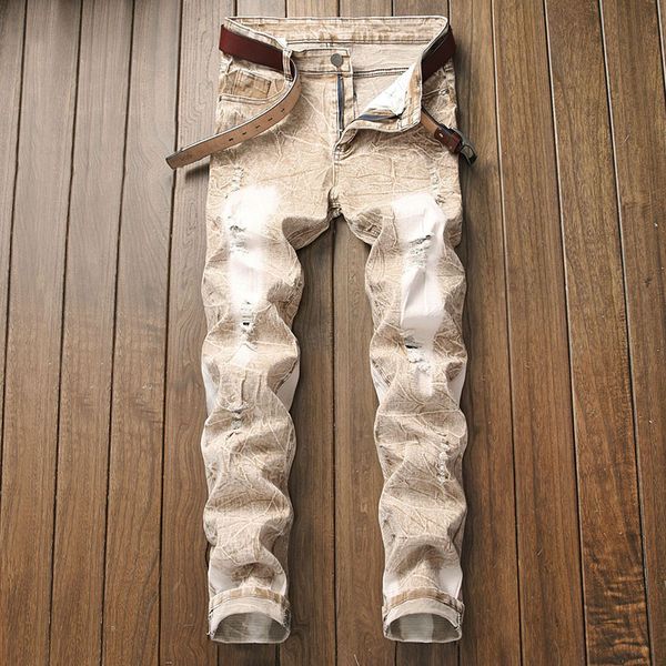 

men casual jeans bleached denim pants ripped knee holes distressed fasional slim trousers plus size 40 42, Blue