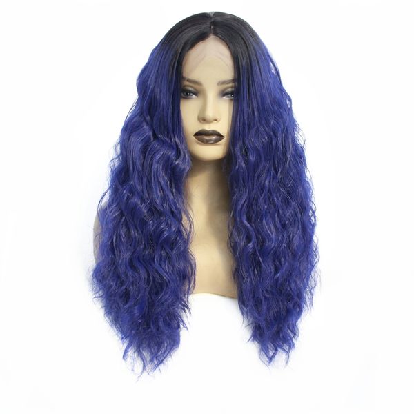 Fashion Two Tones Blue Ombre Hair Dark Root Long Curly Wavy Hair