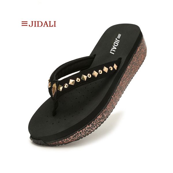 

jidali fashion women beach flip flop golden square shapes aluminum sheets and pink bling middle platform wedges outside slipper, Black