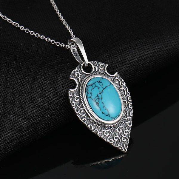 

100% s925 silver necklace pendant large oval 10*14mm natural turquoise retro bohemian style necklace pendant party
