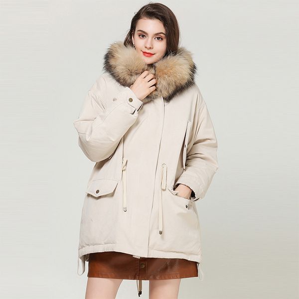 

2019 новая зимняя куртка женщин реальный енот меховой воротник длинные вниз парки белая утка вниз пальто женский с капюшоном теплый плюс раз, Black