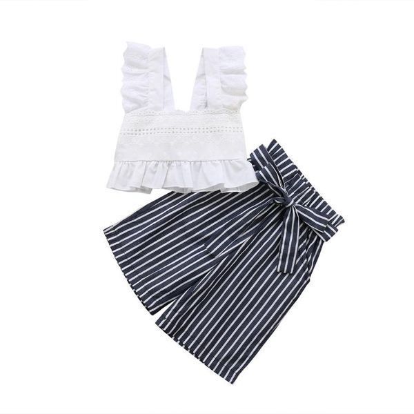 

pudcoco kids girl clothes summer sleeveless white lace tank +striped wide leg pant 2pcs outfit fashion children clothing set
