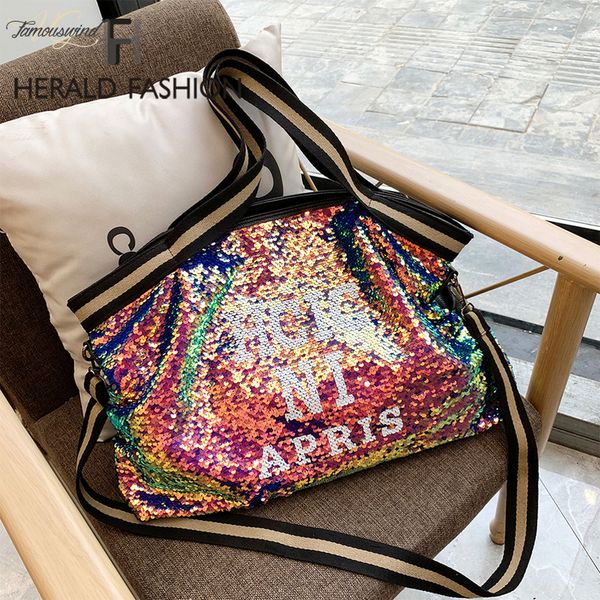 

herlad fashion large womens handbag quality leather shiny casual sequined female shoulder bag casual letter print ladies tote bag sac