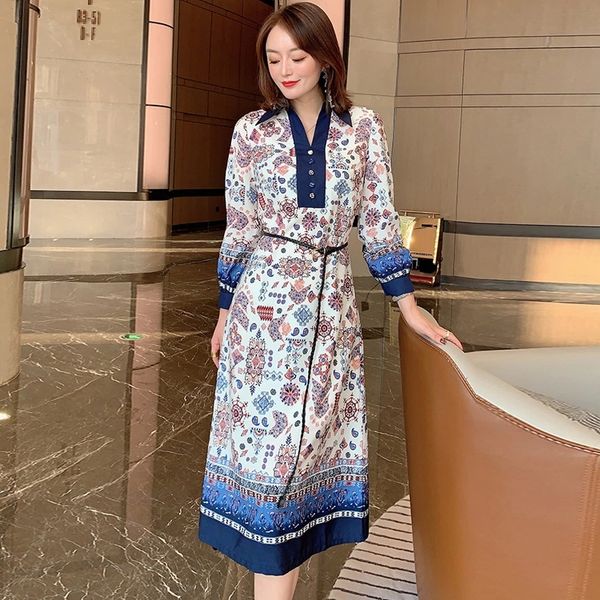 

europe and america spring and autumn latest fashion high-quality print ethnic style long sleeve slim dress with belt, Black