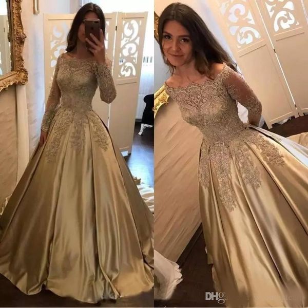 

champagne lace prom dresses with long sleeves sheer bateau neck beads evening dress a line vestidos de fiesta sweep train satin party gowns, Black