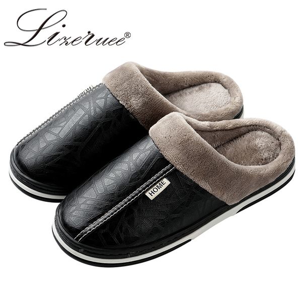 

big size 49 men's slippers winter slippers non-slip indoor shoes for men leather house shoe waterproof warm memory foam slipper, Black