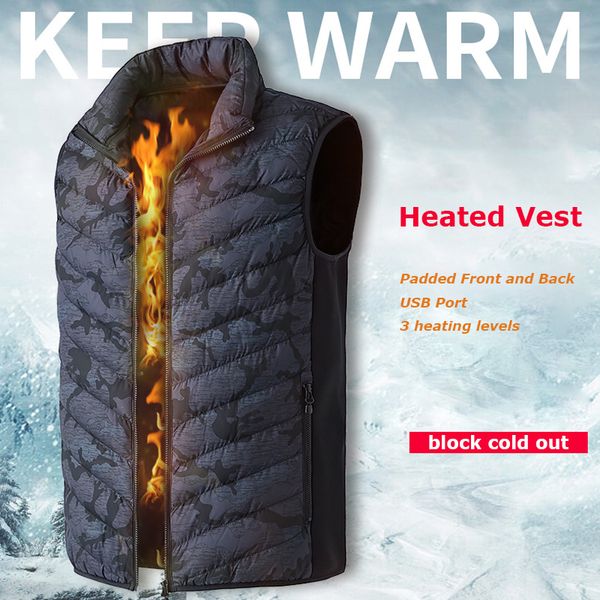 

fashion men electric heated vest heating waistcoat camouflage print padded thermal warm outdoor jacket winter usb heater, Black;white