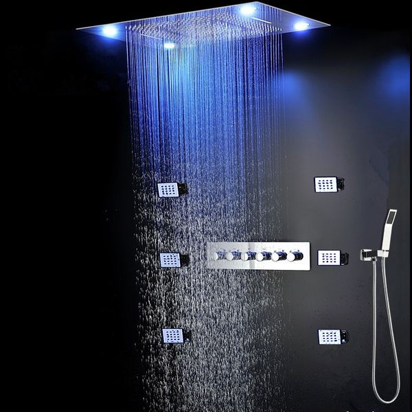 Bagno di lusso 600 * 800MM Set doccia a soffitto a LED da incasso 3 funzioni Soffione con miscelatore termostatico Getti laterali Doccetta