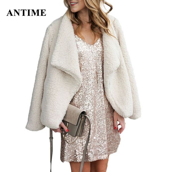 

antime fluffy plush coat solid long sleeve casual fleece warm autumn winter faux fur women jacket outwear female, Black