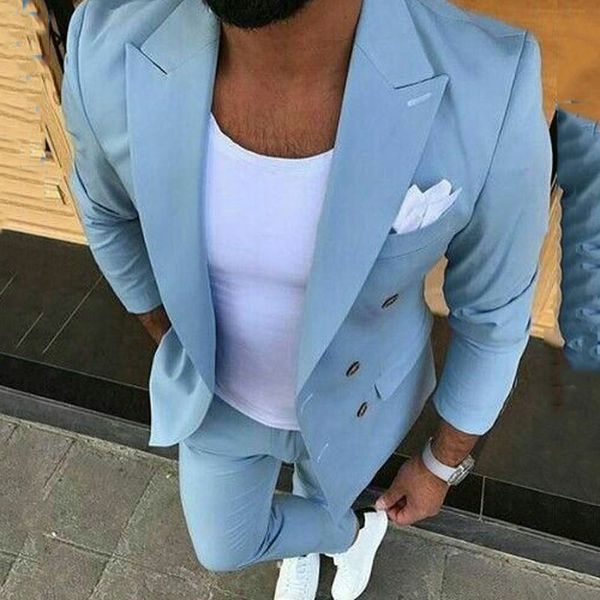 

синий мужские костюмы брюки двойной брестед groom tuxedos 2piece пром повседневный groomsmen наряд жениха wear man blazer тонкий terno мужчи, Black;gray