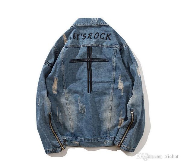 

harajuku вышивка молния куртка джинсы streetwear hip hop мужчины vintage омывается джинсовой куртки красные полосатые джинсовые куртки, Black;brown