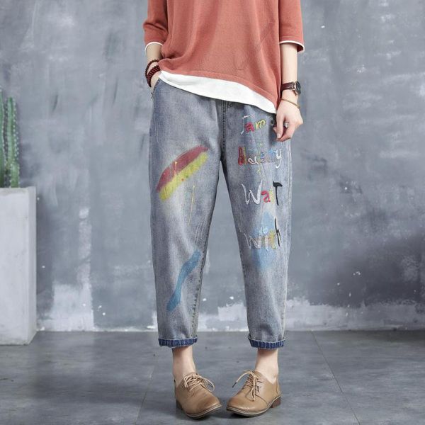 

women's jeans johnature spring full length elastic waist letter embroidery patchwork 2021 casual comfortable women denim harem pants, Blue