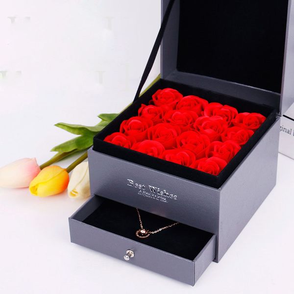 

aritificial soap flower 16pcs/box luxury valentine's day gift red rose with jewelry drawer box for wedding bridal