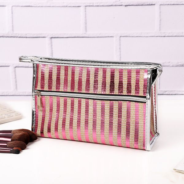

10pcs women pu laser stripes solid large capacity zipper cosmetic bag 4colors