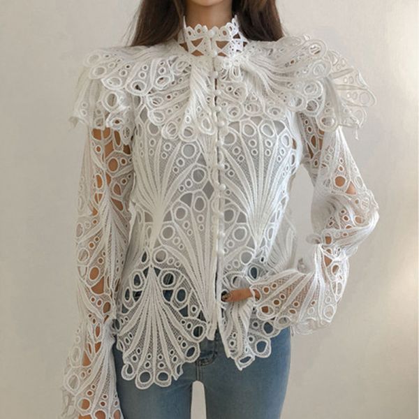 

new 2020 vintage hollow out ruffle shirts female turtleneck flare long sleeve embroidery blouse women fashion clothes vest, White
