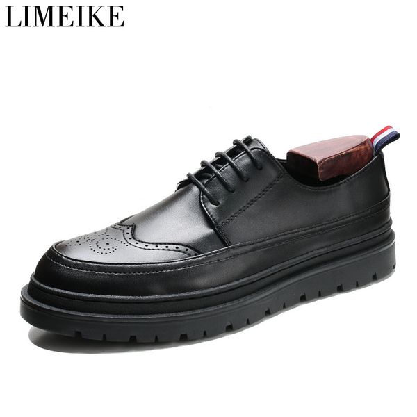 

limeike men leather shoes lace up breathable casual dress shoes for men fashion brogue, Black