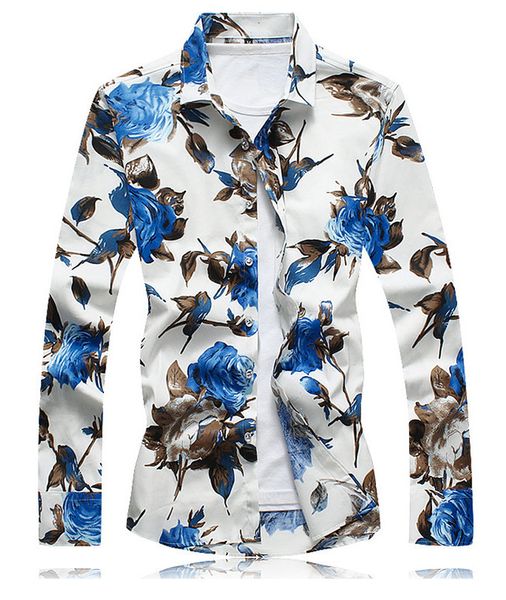 

2019 new spring and autumn thin print men's casual long-sleeved shirt european-style men's large size 5xl, White;black