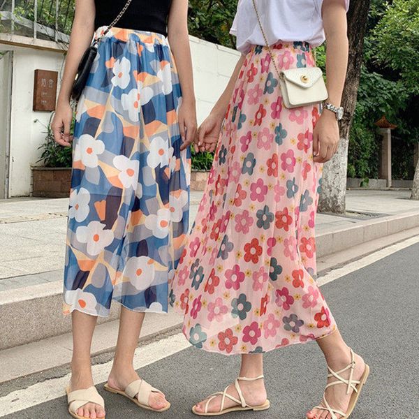 

summer girl floral print lively voile beach skirts women high waist a-line long skirt female plus size pleated skirt saia midi, Black
