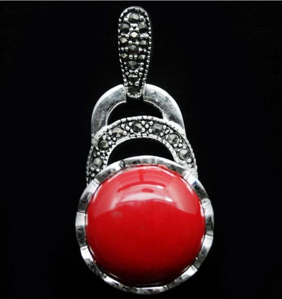 

vintage 925 sterling silver imitation red coral marcasite necklace pendant 40x20mm