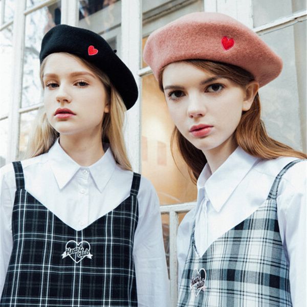 

autumn winter vintage black red cute heart embroidery beret women artist cap ladies wool hat headwear berets, Blue;gray