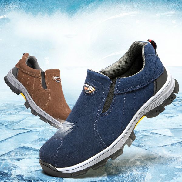

men's plus size breathable steel toe caps working safety shoes slip-on cow suede leather tooling security boots protection male, Black