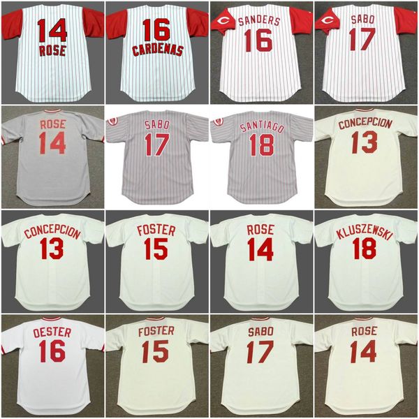 

Cincinnati 13 DAVE CONCEPCION 1971 Reds PETE ROSE 1960's CHICO RUIZ 1960's GEORGE FOSTER 1971 REGGIE SANDERS 1995 RON OESTER Vintage Jersey