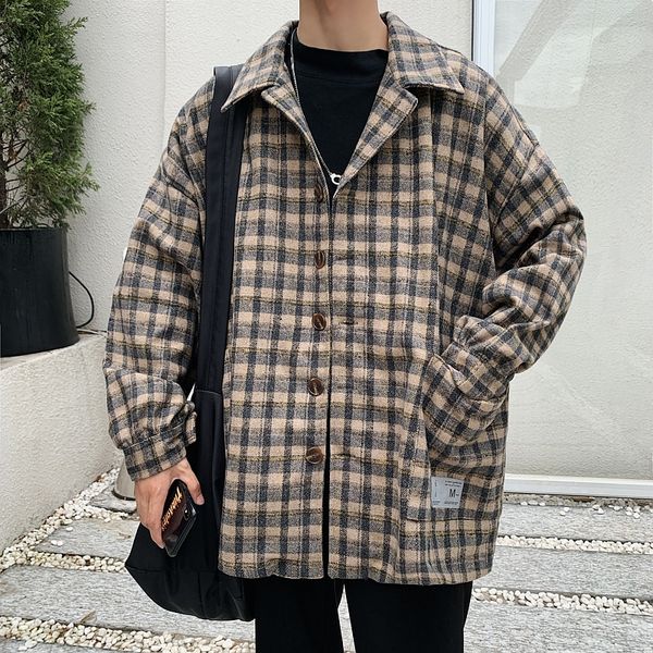 

autumn new woolen coat men's fashion retro casual plaid jacket man streetwear wild loose shirt jacket male clothes m-2xl, Black;brown