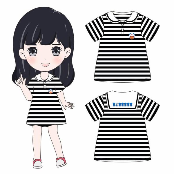 

kids summer dress for girls 2020 new design black and white striped navy style cartoon embroidered dress, Red;yellow