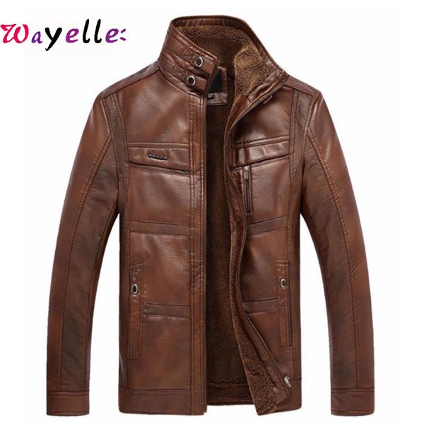 

men faux fur coat men's leather jackets 2019 winter thicken warm fleece brown leather jacket men windbreaker faux jacket, Black