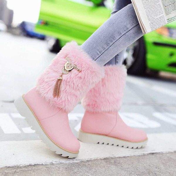 

2018 women plus size winter mid calf high fur snow boots female leather plush platform leather booties lady pink crystal shoes, Black