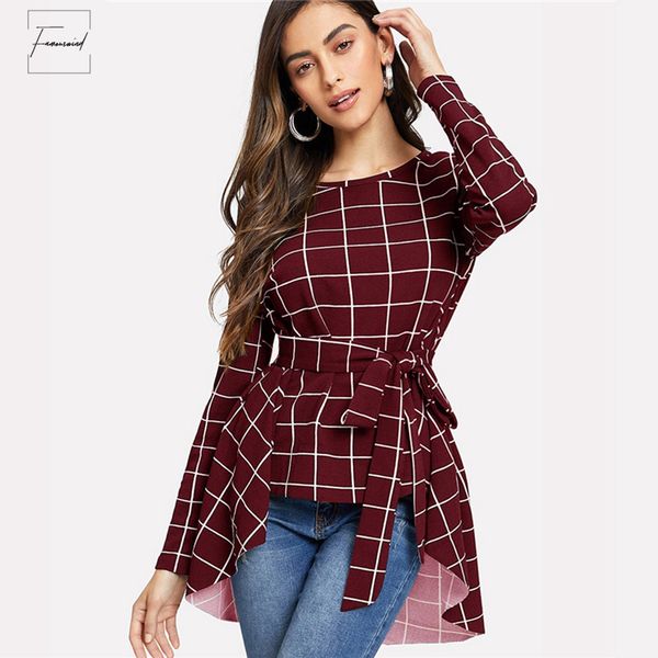 

plaid womens and blouses office ladies belted asymmetrical hem ol grid long sleeve women elegant shirt, White