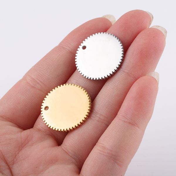 

silver/gold stainless steel round gear tag charm for jewelry making 20mm circle blank metal tags mirror polished wholesale 10pcs, Bronze;silver