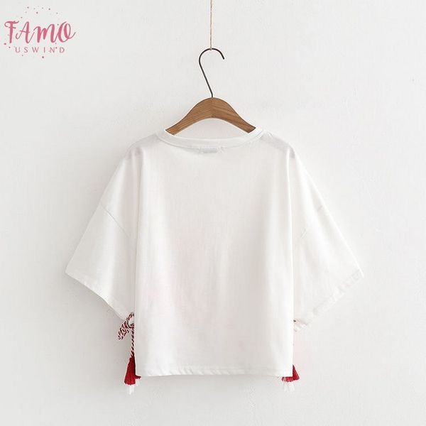 

japanese style mori girl line sweet vintage cherry blossom bow printed tassels versatile casual girls crew neck pullover short slee, White