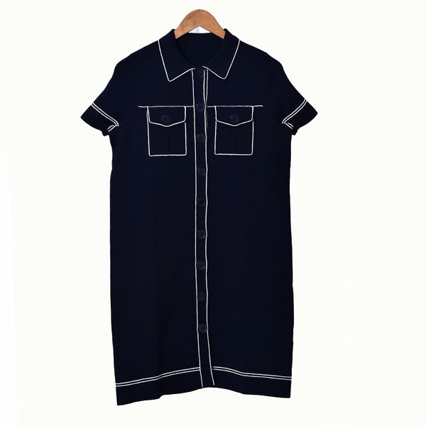 

2020 spring short sleeve lapel neck blue contrast color knitted panelled buttons knee-length dress women fashion dresses w1815003, Black;gray