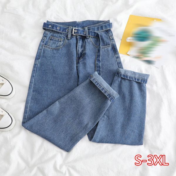 

korean straight jeans women low waist denim trousers large pocket black denim pants vintage with belt casual plus size, Blue