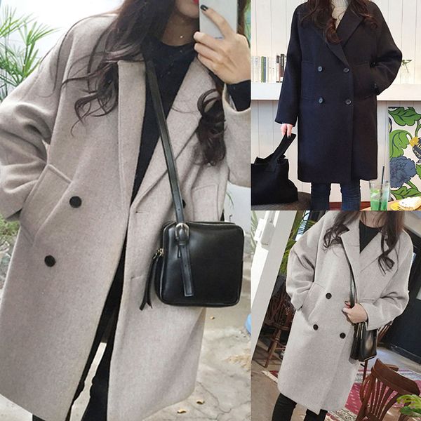 

2019 new thin wool blend coat women long sleeve turn-down collar outwear jacket casual autumn winter fashion overcoat, Black