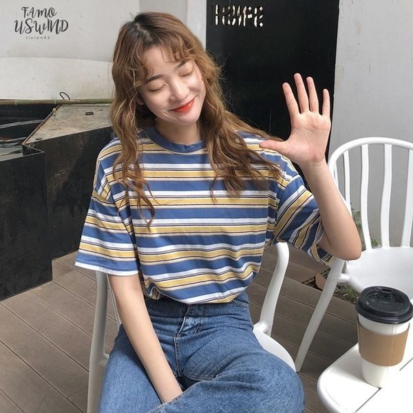 

korean o neck t shirt women harajuku striped tshirt summer loose casual short sleeve punk t shirts camiseta feminina, White
