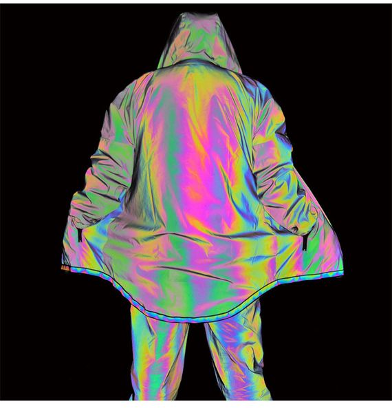 

designer mens reflective jackets fashion hip hop style rainbow color reflective long hooded jacket cloak mens coats, Black;brown