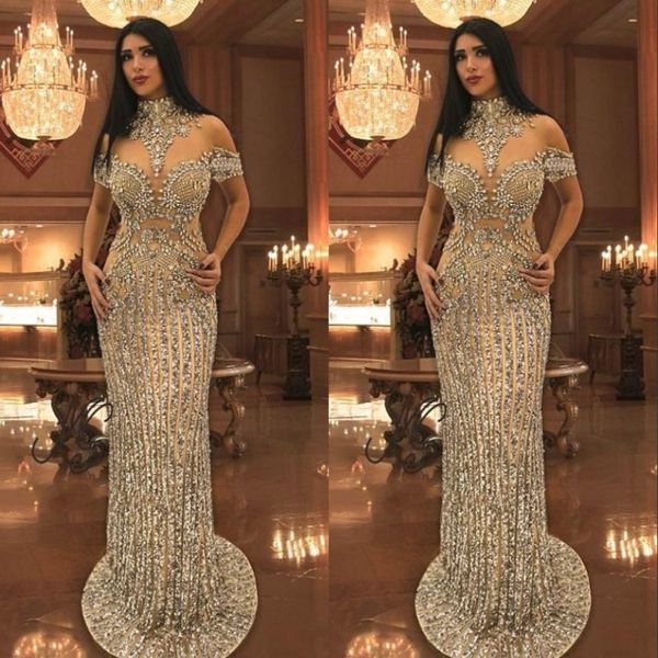 

arabic rhinestone crystals evening dresses high neck beads short sleeve sparkly mermaid prom dress stunning dubai celebrity dresses, Black;red