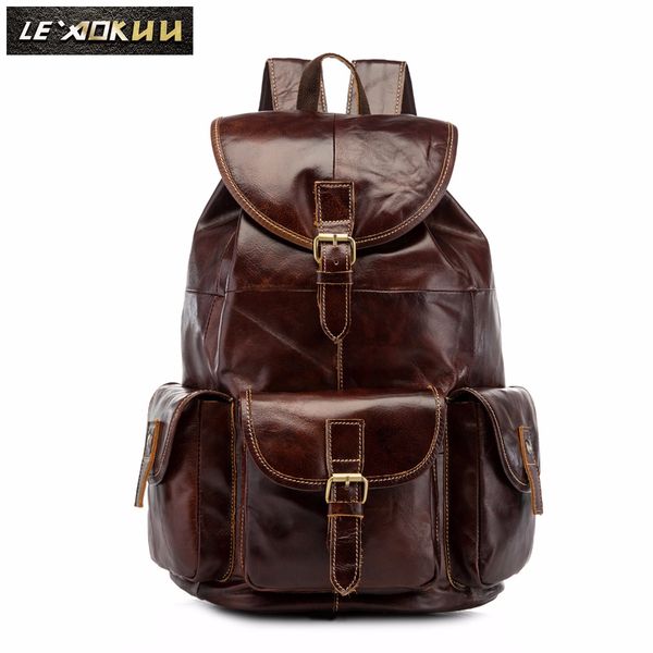 

men original leather fashion travel university college school book bag designer male backpack daypack student lapbag 9950c
