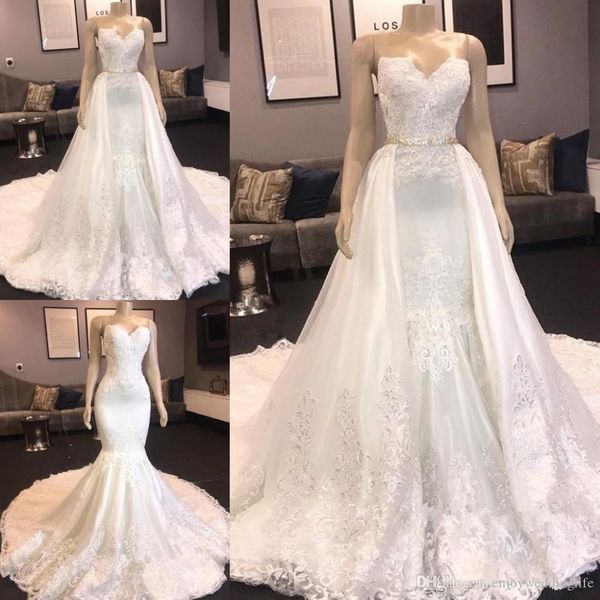 

stunning mermaid wedding dresses with detachable train sweetheart lace appliques beaded bridal gowns wedding dress vestidos de noiva, White
