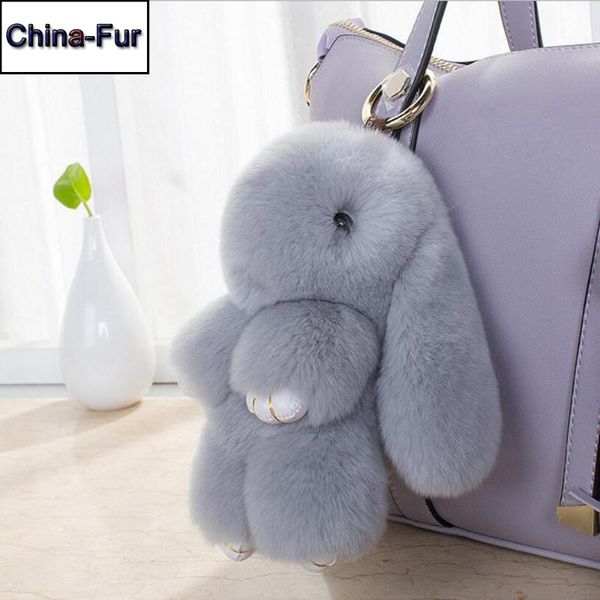 

luxurious 2020 18cm big size cute fluffy car keychain real genuine rex fur key chains bag toys doll keyring pendant, Silver