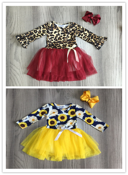 

baby girls clothes girls fall/winter dress gauzy skirt sunflower skirt leopard with bow, Red;yellow