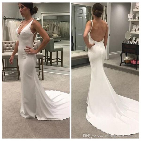

new arrival mermaid wedding dresses spaghetti straps court train backless satin wedding dress bridal gowns vestidos de novia, White